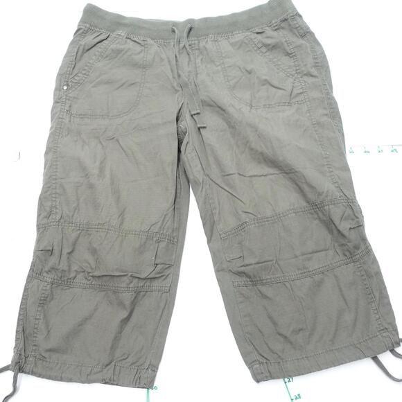 Faded Glory Cropped Pants Women 16 Olive Green Ripstop Cotton Pockets Drawstring - Picture 1 of 8